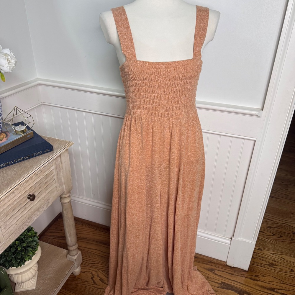 Free People Beach‎ Smocked Wide Leg Jumpsuit Melon Orange Linen Blend Small S/P